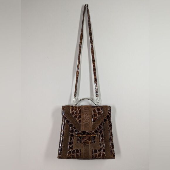 Vintage Italian Leather Purse – Embossed Croc & Suede – Metal Handle – Made in I - Picture 2 of 9